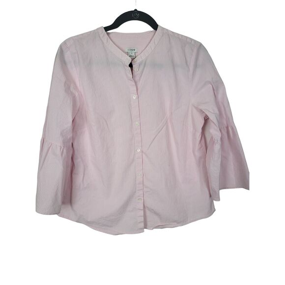 J. Crew Button Front Blouse 10 Womens Pink White Striped Long Flounce Sleeve Top - Picture 1 of 5